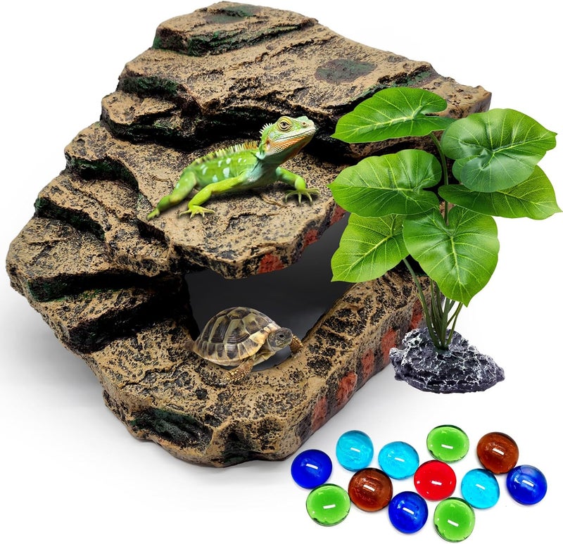 GOZILLA Reptile Accessories for Tank, Basking Platform Hideout, Bearded Dragon Hide and Cave Decor for Turtle,Snake and Lizard.(Brown-L-Kit) - Image 1